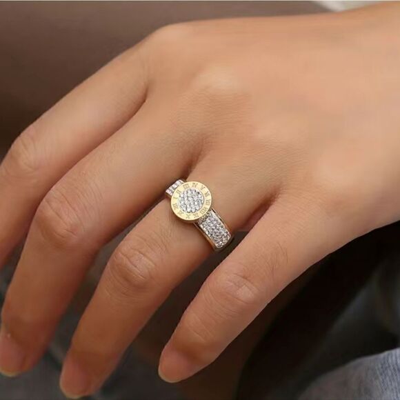 Stainless Steel 14K Gold Plated Numerals Inlaid Lab Diamond Luxury Ring Size 7 - Picture 12 of 15